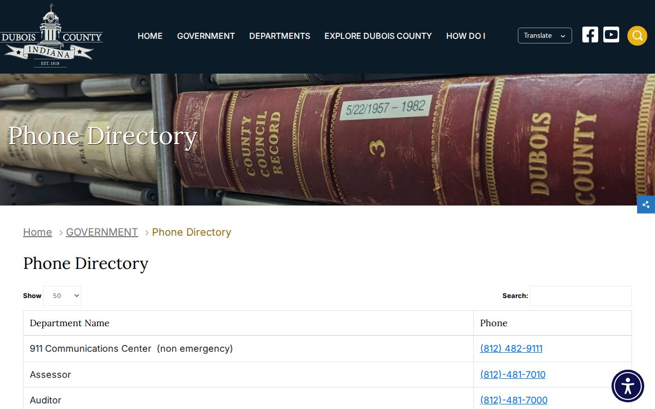 Dubois County court calendar phone directory