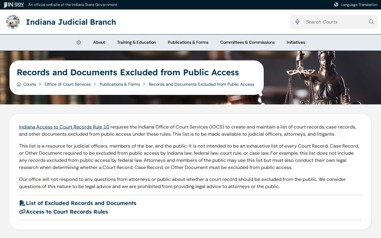 Indiana excluded-records guidance for Dubois County court records