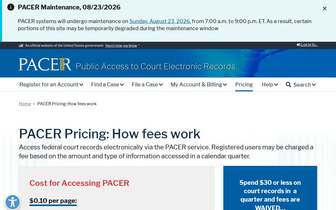 Federal PACER pricing distinguished from Dubois County court record fees