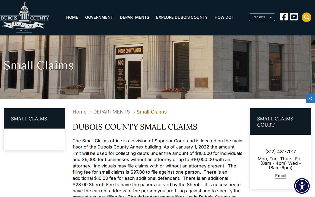 Dubois County Small Claims office distinguished from criminal dockets