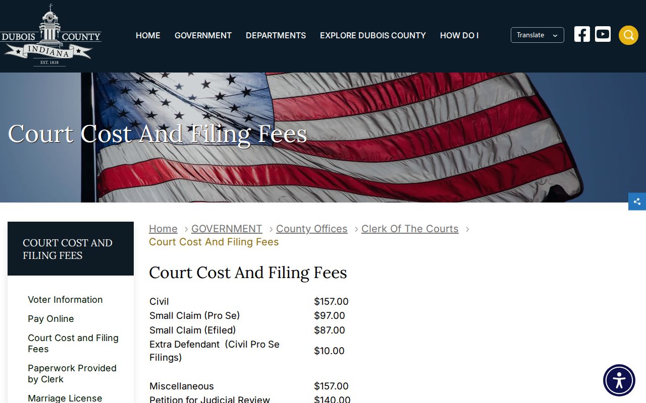 Dubois County Clerk fee page for Ferdinand-related court copies