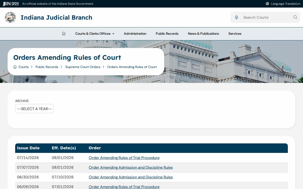 Indiana court orders and rules archive used for Ferdinand access context