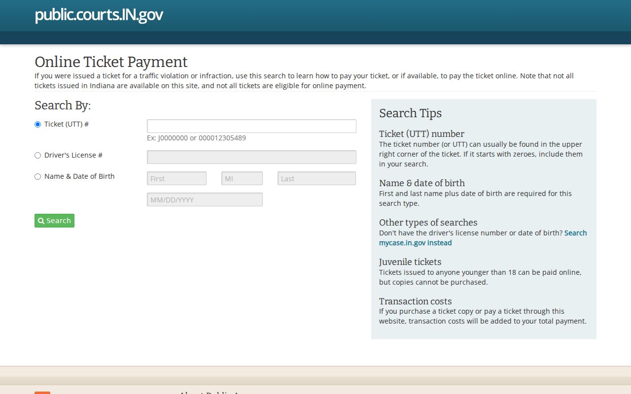 Indiana public traffic payment portal for a Holland citation
