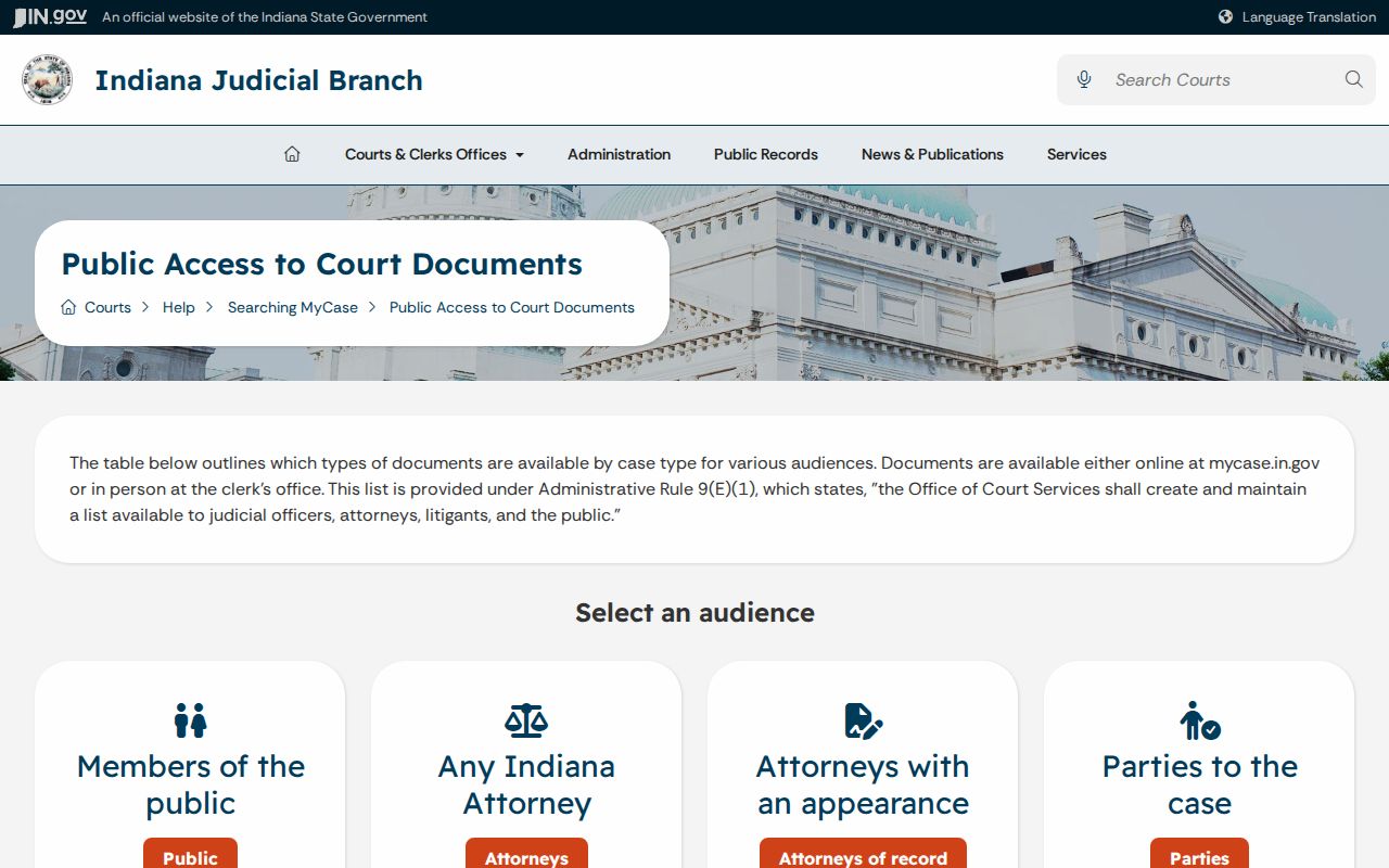 Official Indiana MyCase help page for Holland court searches