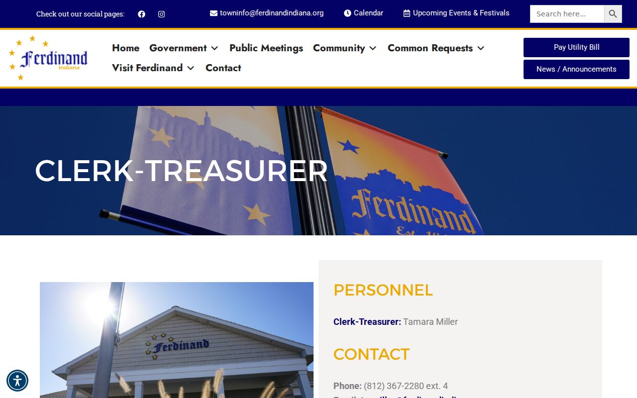 Ferdinand town office page contrasted with Huntingburg city sources