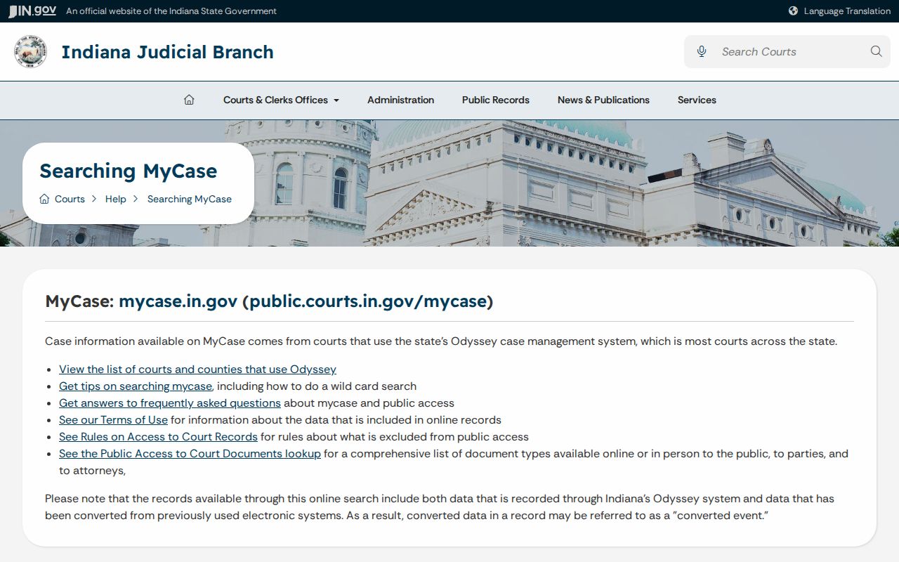 Official Indiana MyCase help page for Huntingburg court searches