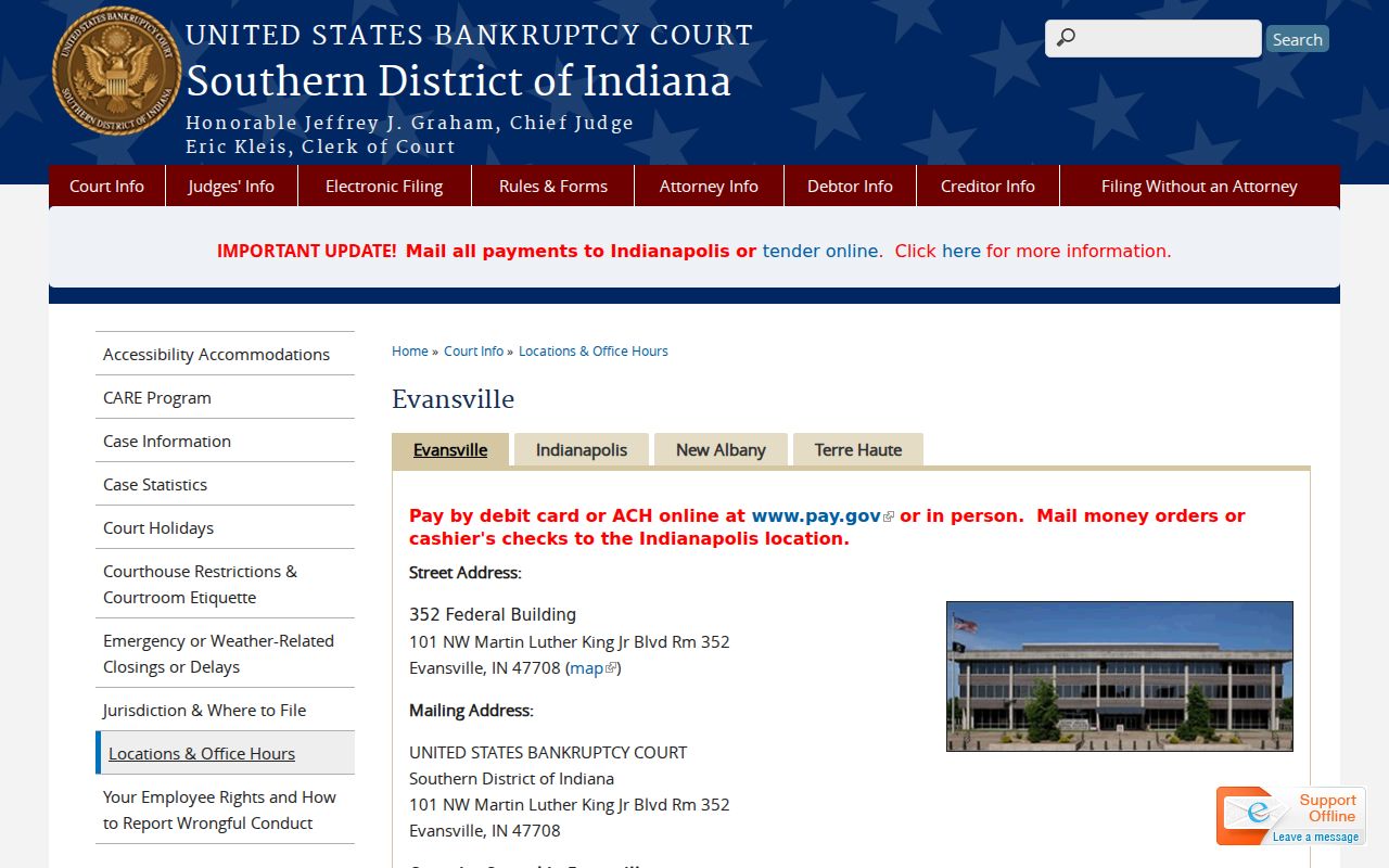 Southern District of Indiana Bankruptcy Court Evansville page